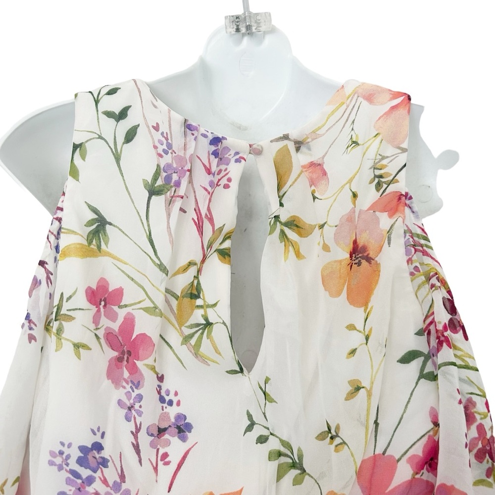 Calvin Klein flutter sleeve cold shoulder white floral chiffon maxi dress 12 - Picture 6 of 10